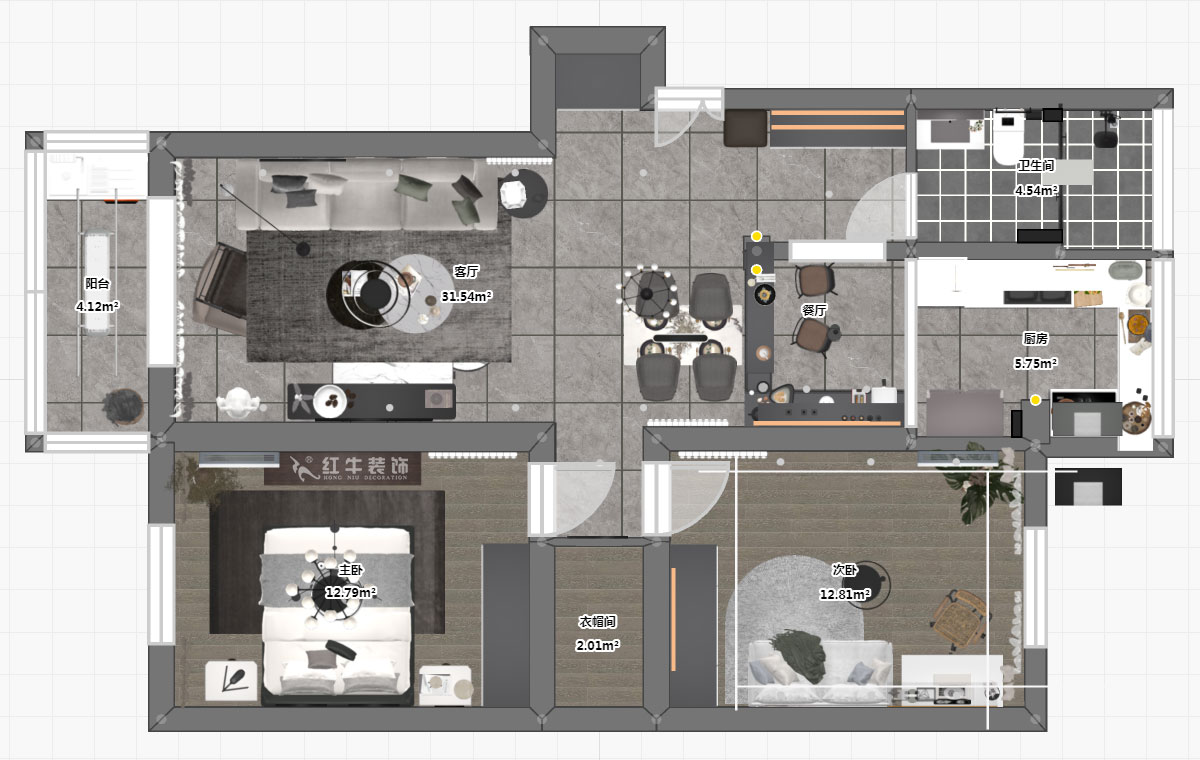 蒋琛｜天福园43-401-90㎡-现代简约风格｜2室1厅1卫｜旧房装修｜定制家￥122757｜全包12万｜00_03平面彩图